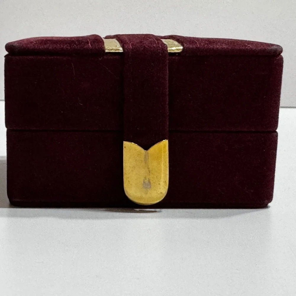 Vtg Burgundy Velvet Jewelry Box Gold Stripe Snap Closure Travel Case Organizer